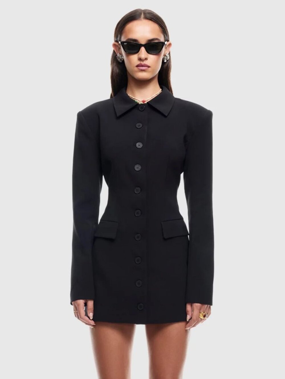 Lioness Cheri Black Long Sleeve Mini Dress Button Front Suiting New NWOT L
